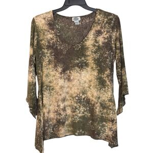 Sienna Grace Olive Green Floral Metallic Sharkbite V-Neck Tunic Top Large